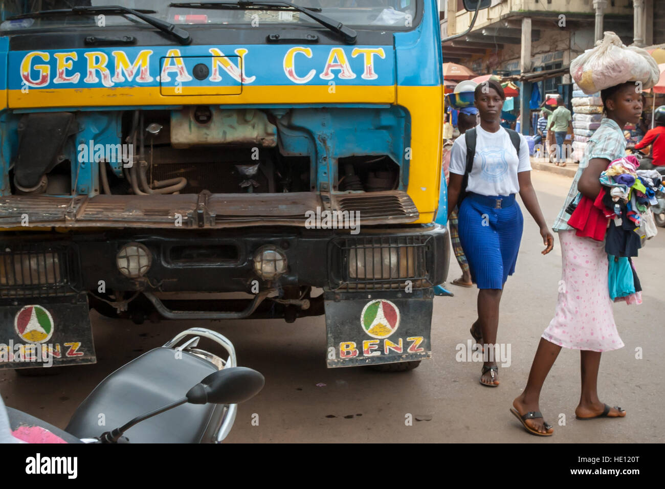 Truck 'German Cat'. Makeni street, Sierra Leone Stock Photo