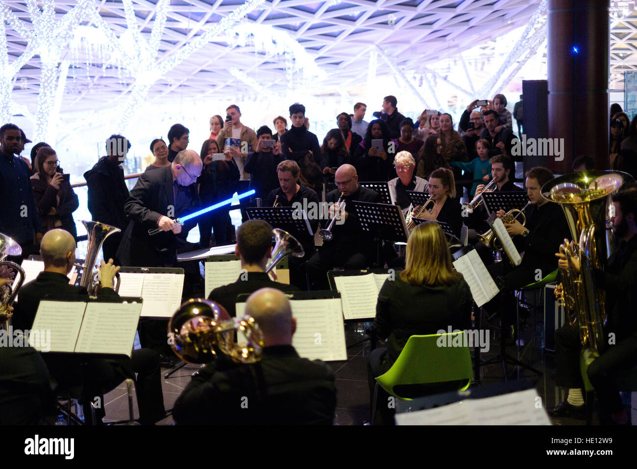 EDITORIAL USE ONLY Fans attending Vue at Westfield White City are treated to a live performance of John Williams' iconic score from 'Star Wars' performed by the Symphonic Brass of London to celebrate the nationwide release of 'Rogue One: A Star Wars Story' in cinemas. Stock Photo