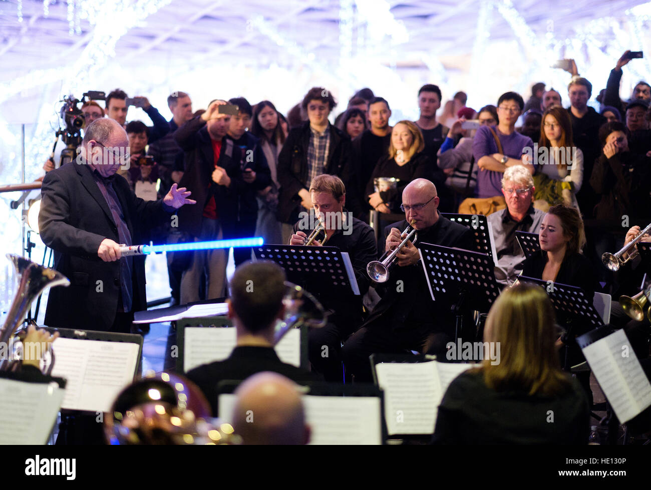 Fans attending Vue at Westfield White City are treated to a live performance of John Williams' iconic score from 'Star Wars' performed by the Symphonic Brass of London to celebrate the nationwide release of 'Rogue One: A Star Wars Story' in cinemas. Stock Photo