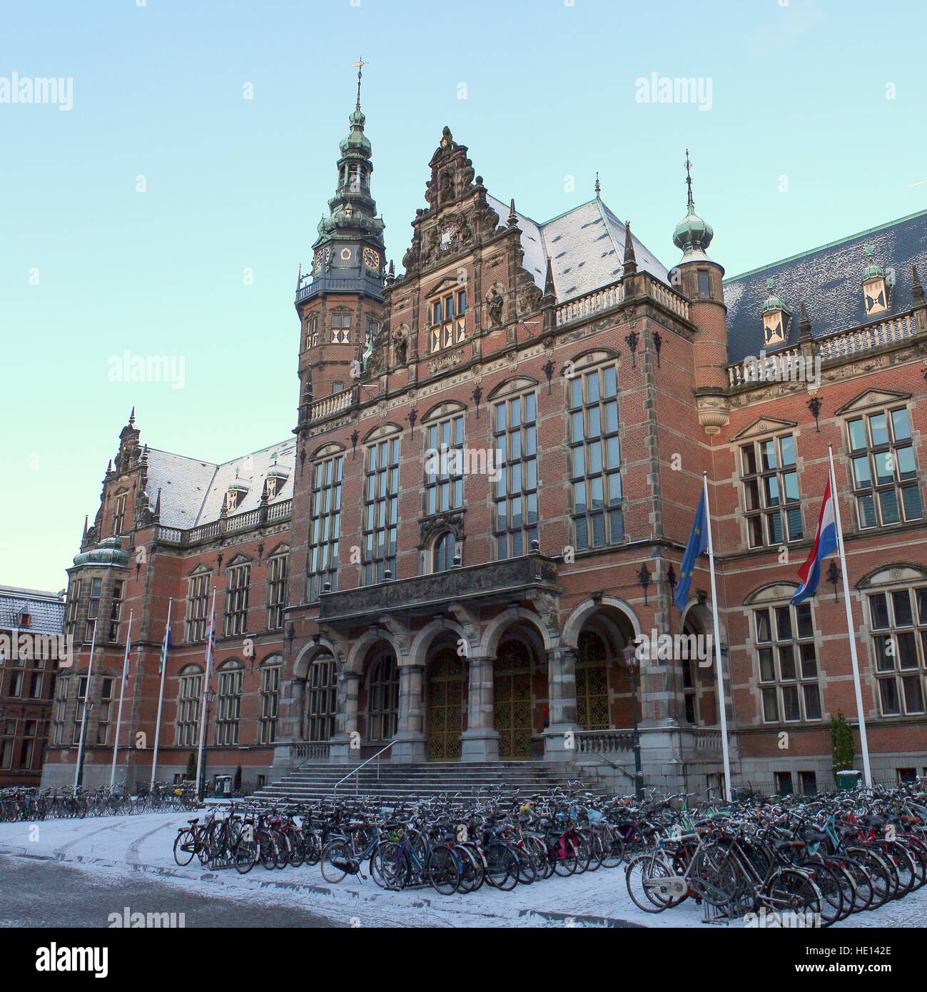 Academy Building, Groningen,  Netherlands. Rijksuniversiteit Groningen  - University of Groningen (RUG). Stitch of 2 images Stock Photo