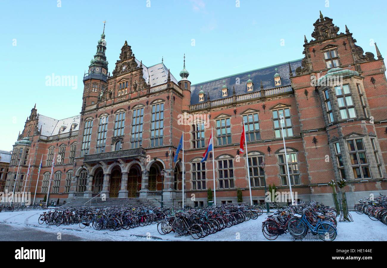 Academy Building, Groningen,  Netherlands,  Rijksuniversiteit Groningen  - University of Groningen (RUG). Stitch of 3 images Stock Photo