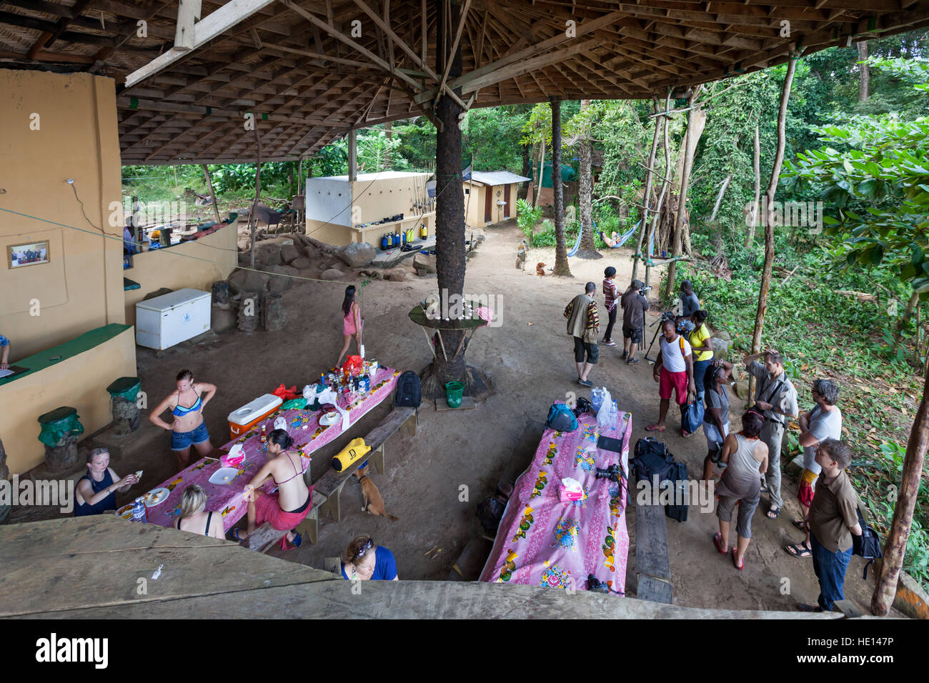 Guests at the Banana Island Resort in Sierra Leone gather under a palm-thatched roof at set tables, a dog lies in the sand nearby. Stock Photo