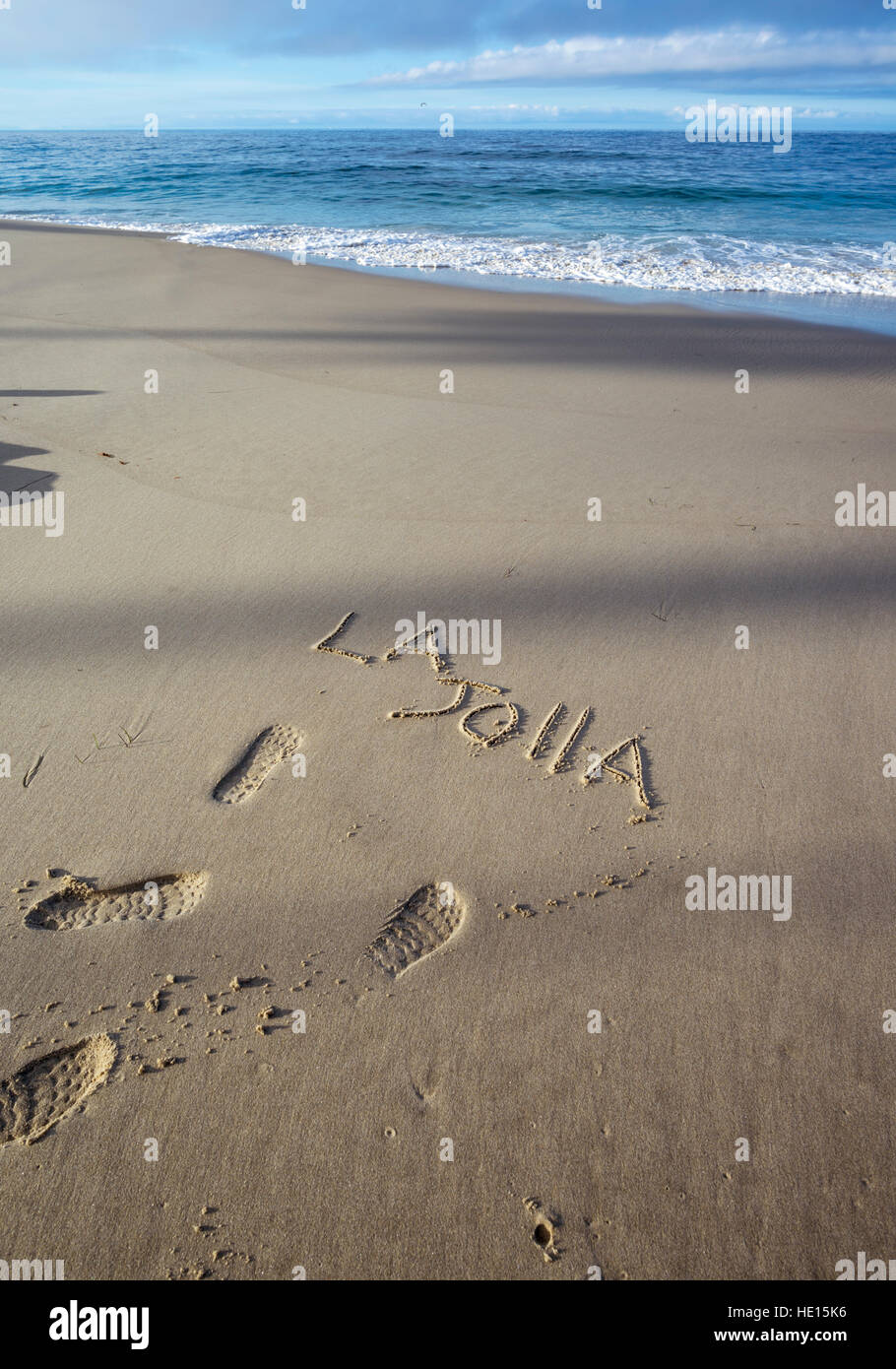 the word 'La Jolla' written in the sand.  La Jolla, California. Stock Photo