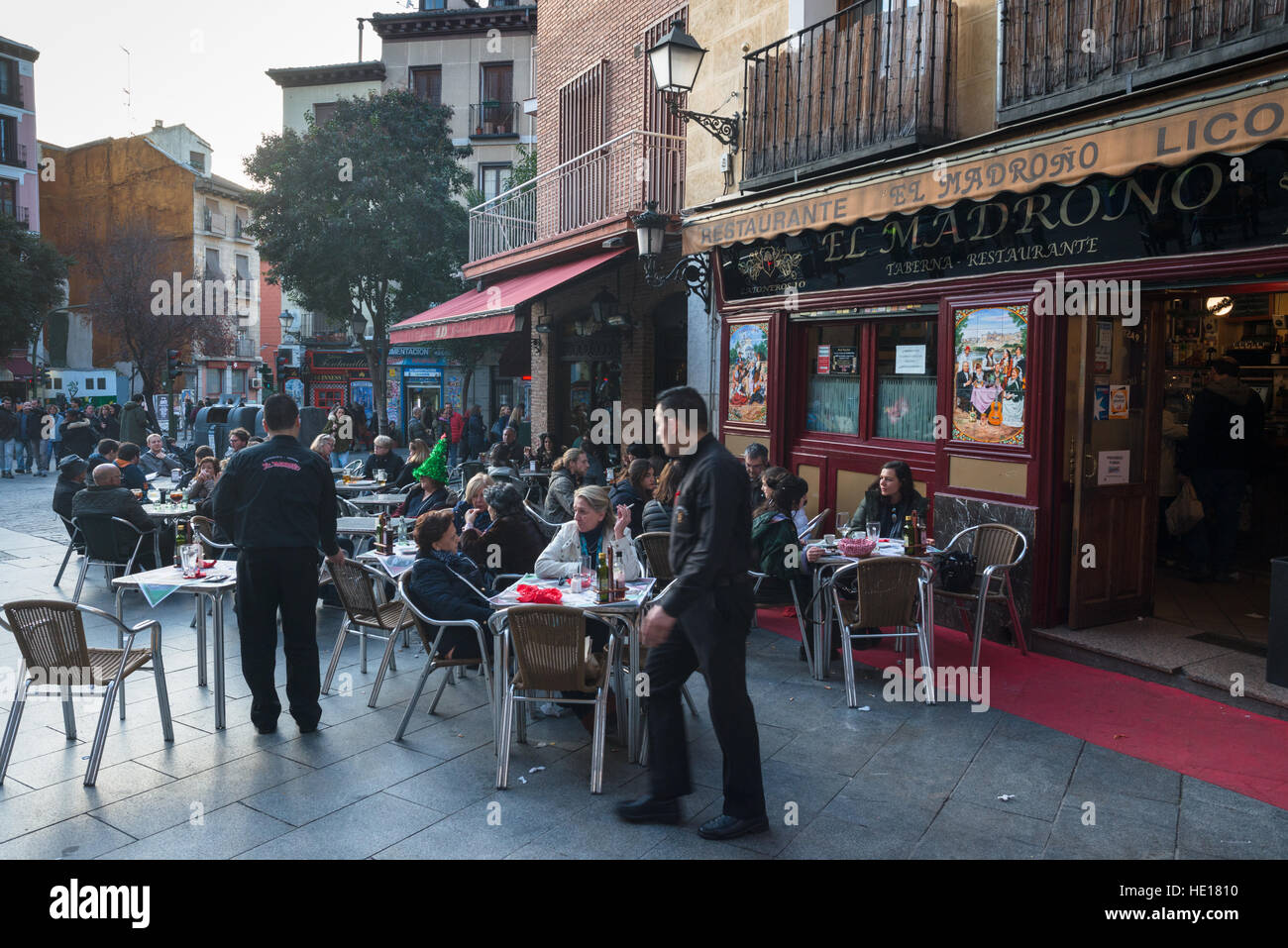 El Madrono Restaurant in Central Madrid, Spain, with outdoor seating. Stock Photo