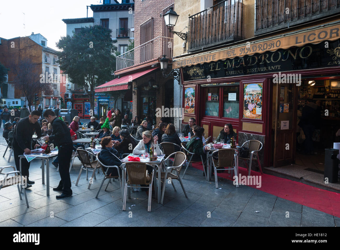 El Madrono Restaurant in Central Madrid, Spain, with outdoor seating. Stock Photo