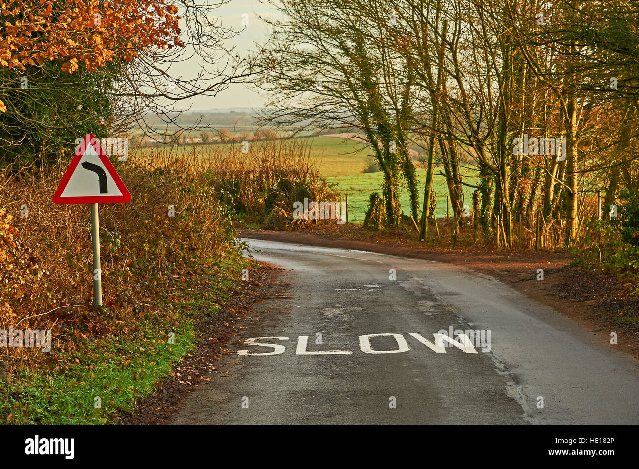 An English country lane in winter time, with a sharp left bend sign Stock Photo