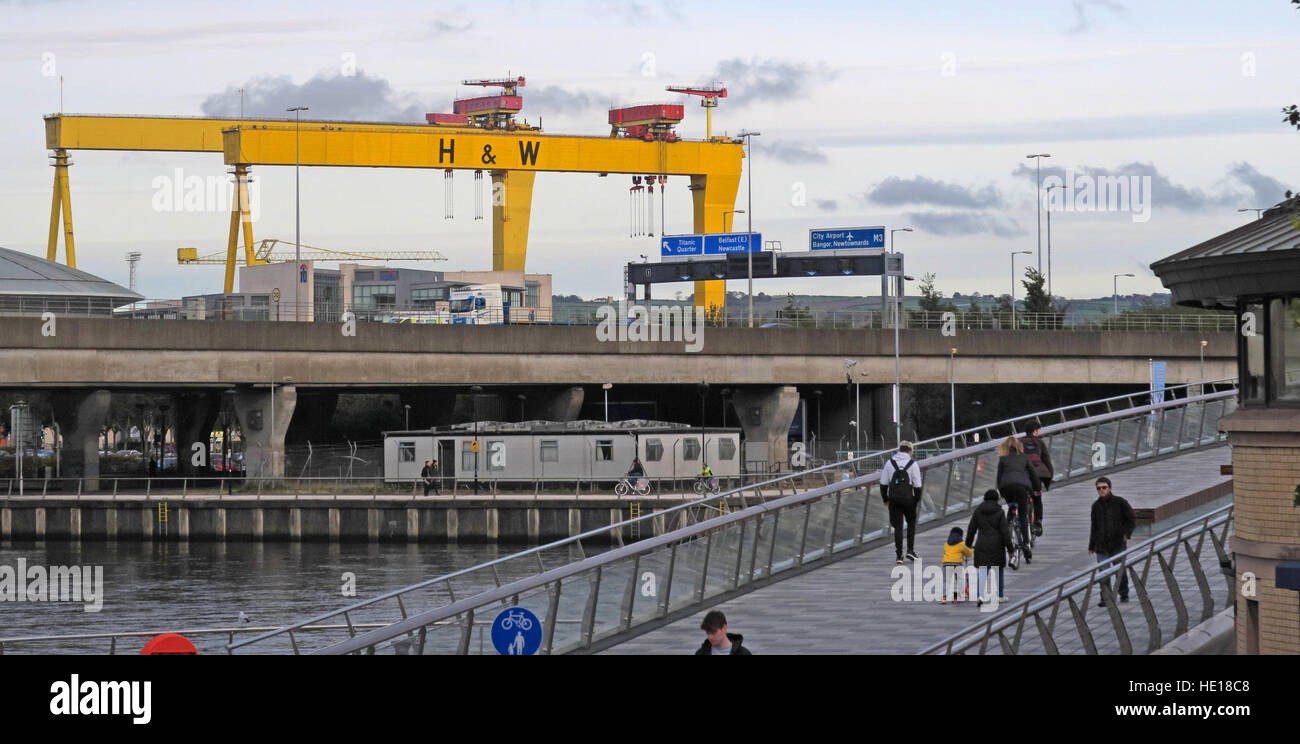 Harland & Wolff yellow cranes, Samson and Goliath,over Belfast, NI (from Krupp) Stock Photo