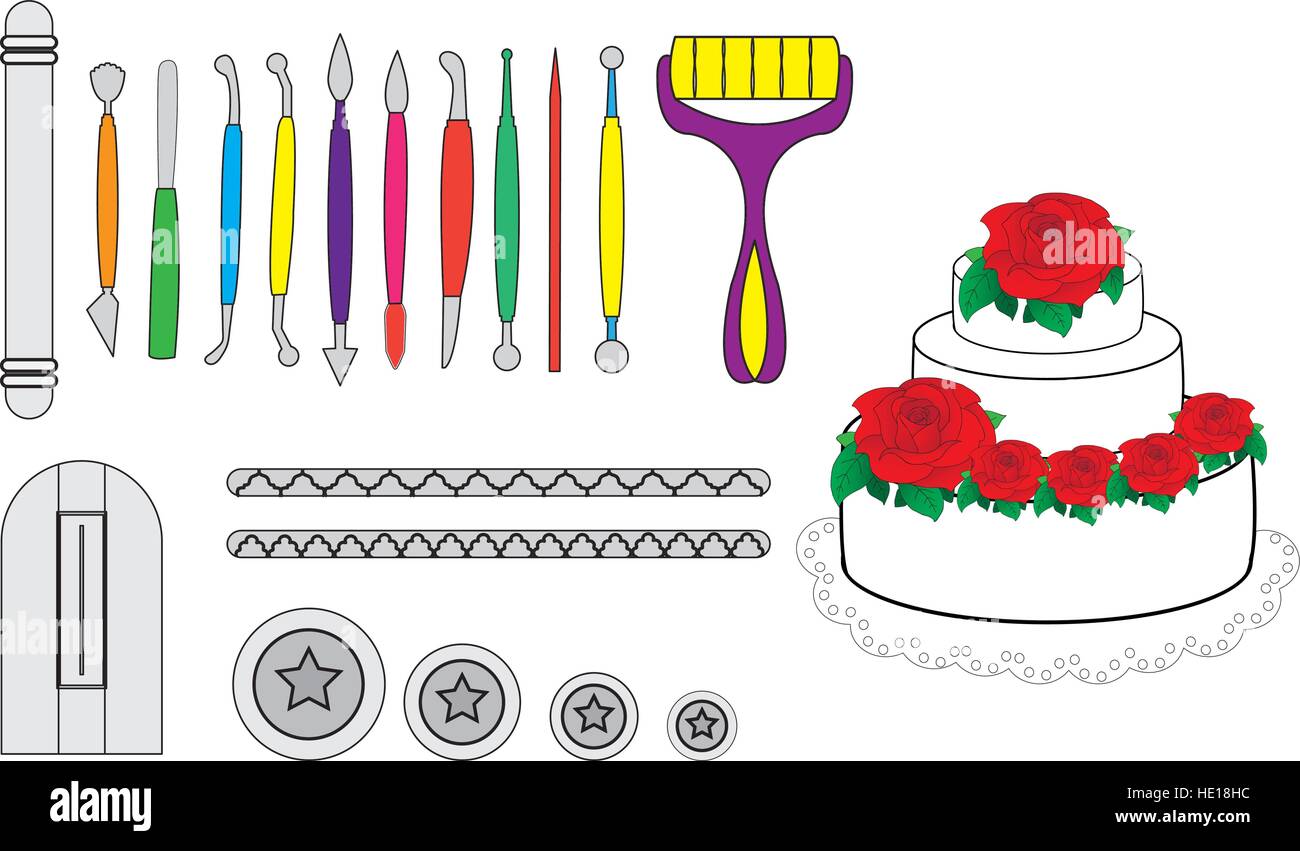 Modelling Tools for Icing & Decorating Sugarpaste, Marzipan, Pastillage.  Tools for cake decorating. Birthday cake vector illustration Stock Vector  Image & Art - Alamy