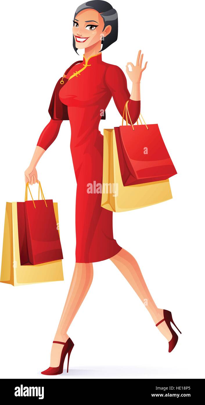 Vector beautiful Chinese woman walking with shopping bags showing OK. Stock Vector