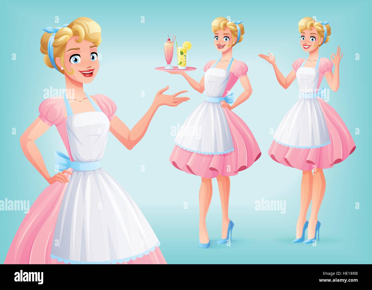 Cute smiling housewife in apron in various poses. Vector set. Stock Vector