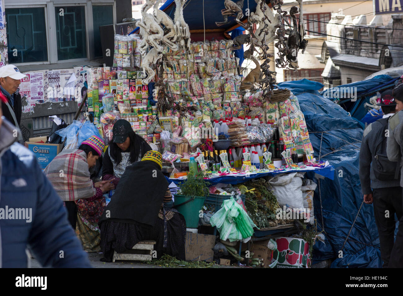 Witch's stall on Illyampu street in la Paz, Bolivia, where sacrificial mesas are prepared for the pachamama, mother earth Stock Photo