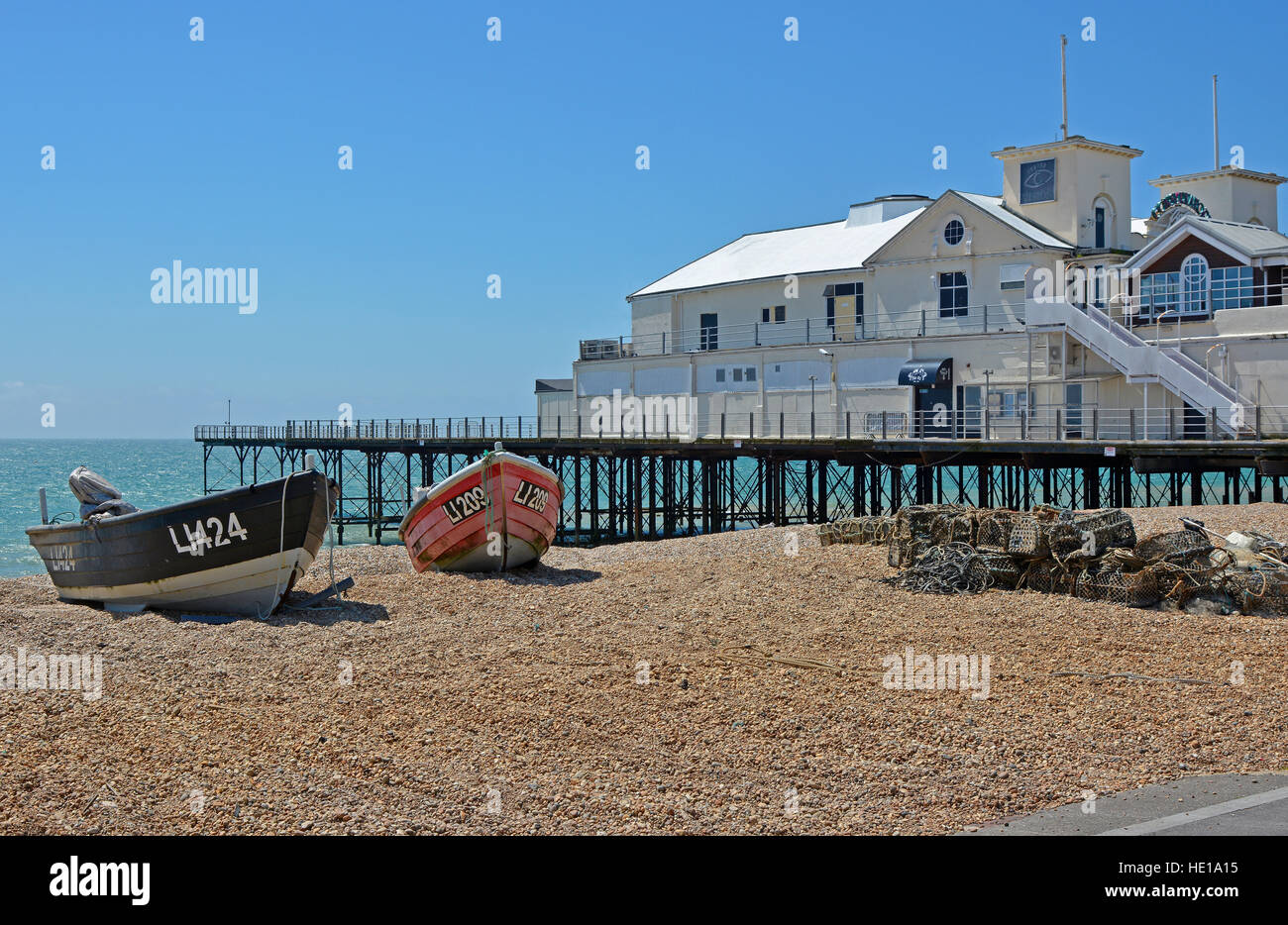Seafront, shingle beach and pier at Bognor Regis in West Sussex, England Stock Photo