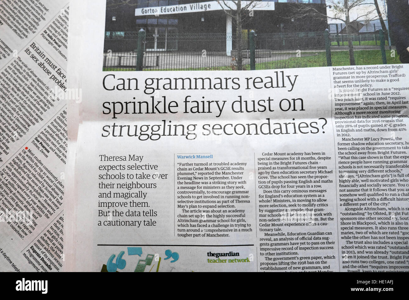 'Can grammars really sprinkle fiary dust on struggling secondaries?'  Guardian newspaper headline London England UK 2016 Stock Photo