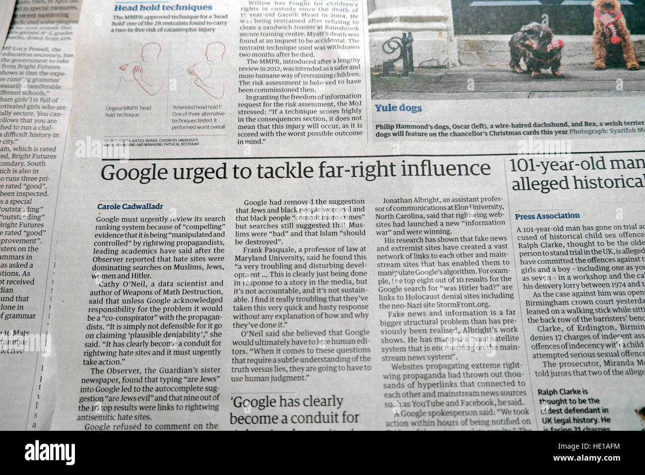 'Google urged to tackle far-right influence'  far right article in Guardian newspaper London England UK Stock Photo