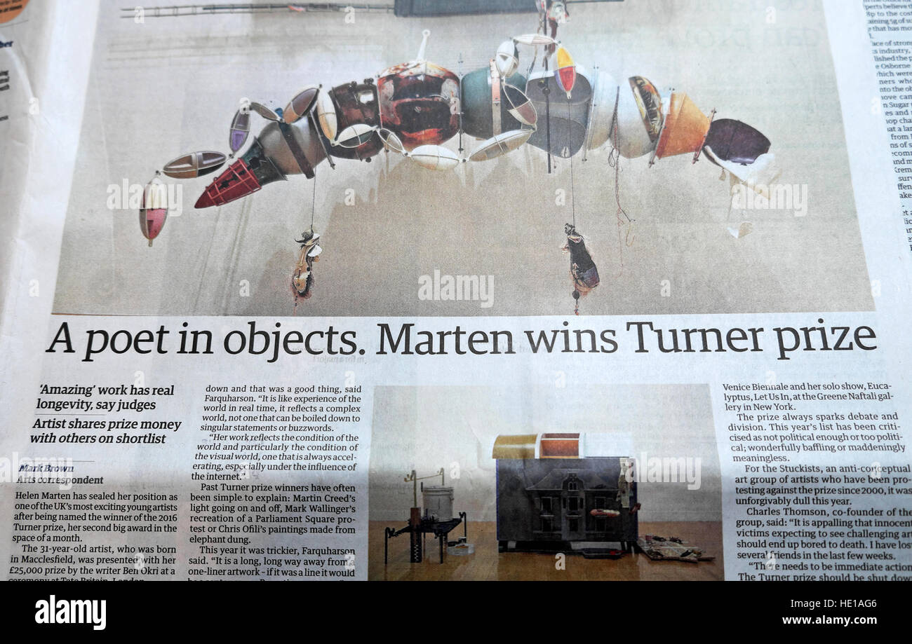 'A poet in objects. Marten wins Turner prize'  Guardian newspaper article London England UK Stock Photo
