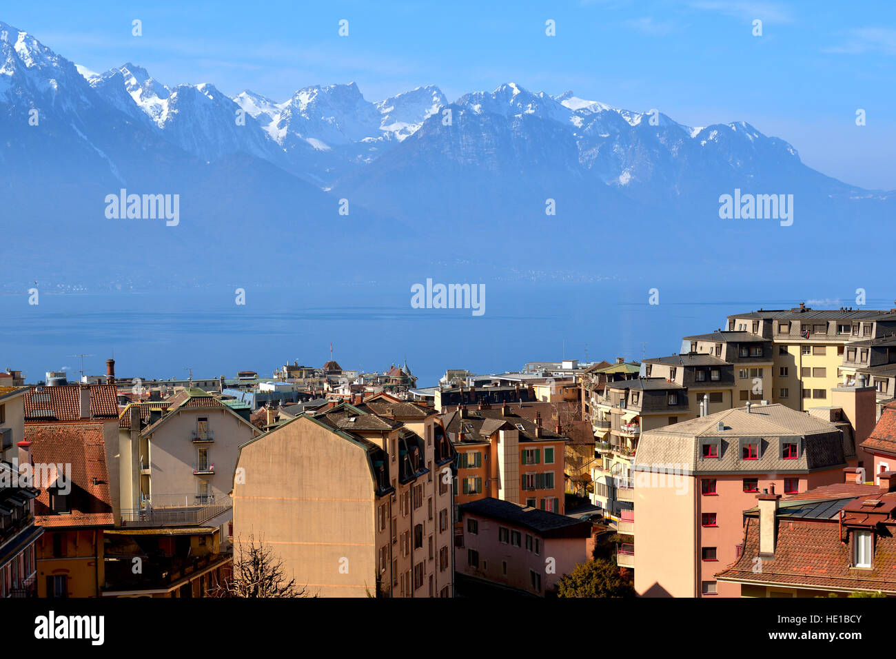 View of French Alps over Geneva Lake in Montreux Stock Photo