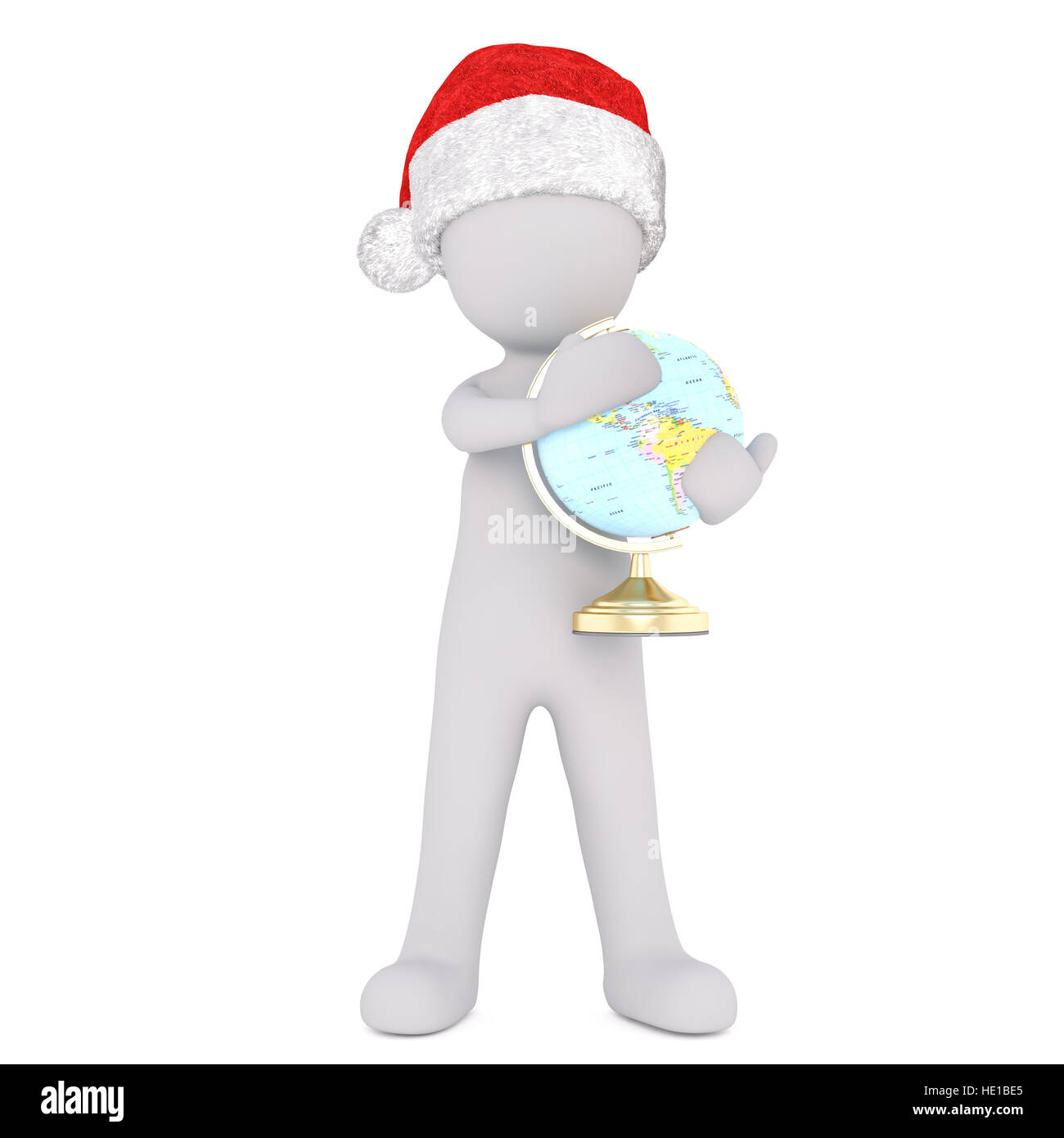 3d man wearing a festive red Santa hat planning his Christmas vacation standing clutching a world globe in his arms, isolated 3d rendered illustration Stock Photo