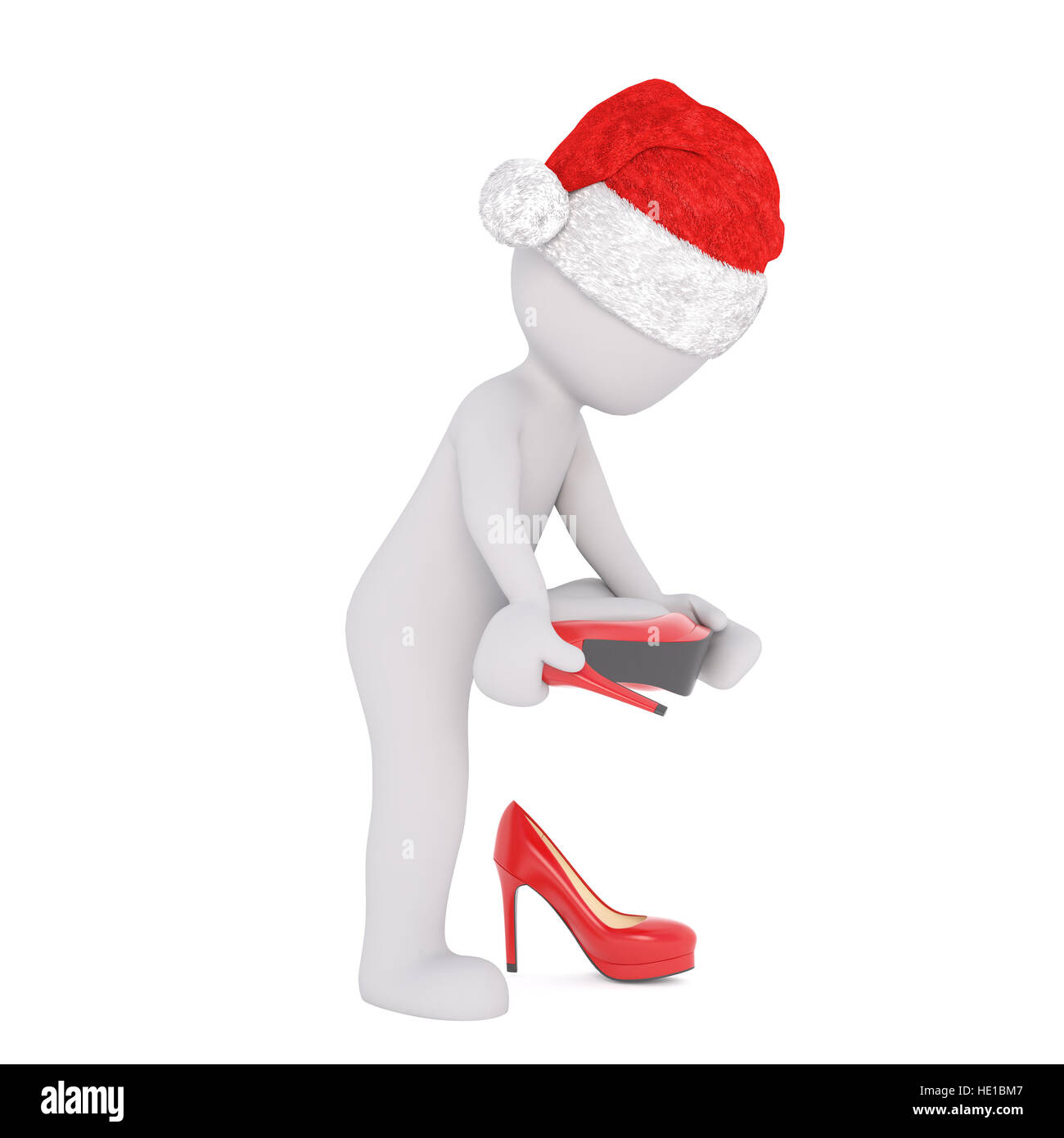 3d woman wearing a Santa hat trying on new red shoes given as a Christmas gift, isolated 3d rendered cartoon illustration on white Stock Photo