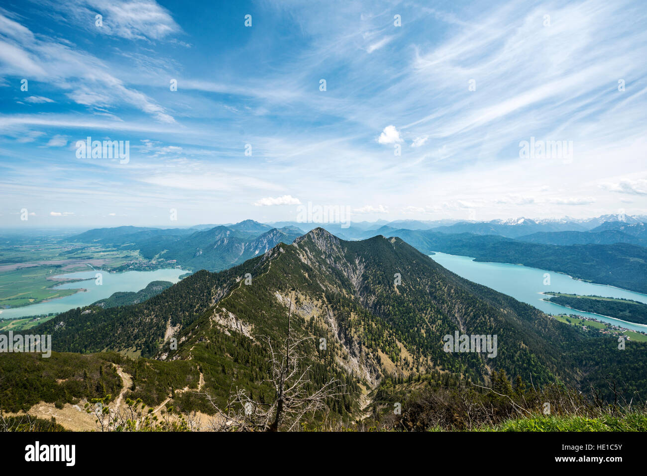 View from Heimgarten, Lake Kochel, The Herzogstand and Lake Walchen, Upper Bavaria, Bavaria, Germany Stock Photo