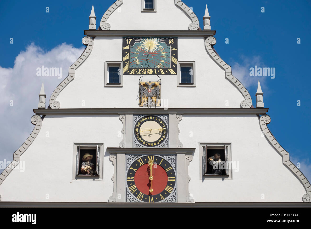 Gable, Ratstrinkstube with ornate clock and Meistertrunk or Master Draught, Rothenburg ob der Tauber, Middle Franconia Stock Photo