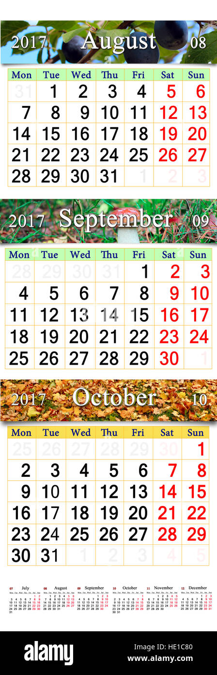 office calendar for three months August September and October 2017 with  different images. Calendars for using in office life Stock Photo - Alamy