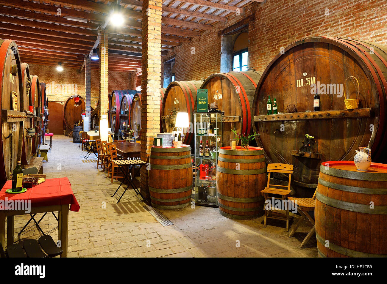 Barrels in cellar, Antica Cantina San't Amico winery, Morro D'Alba, Marche, Italy Stock Photo