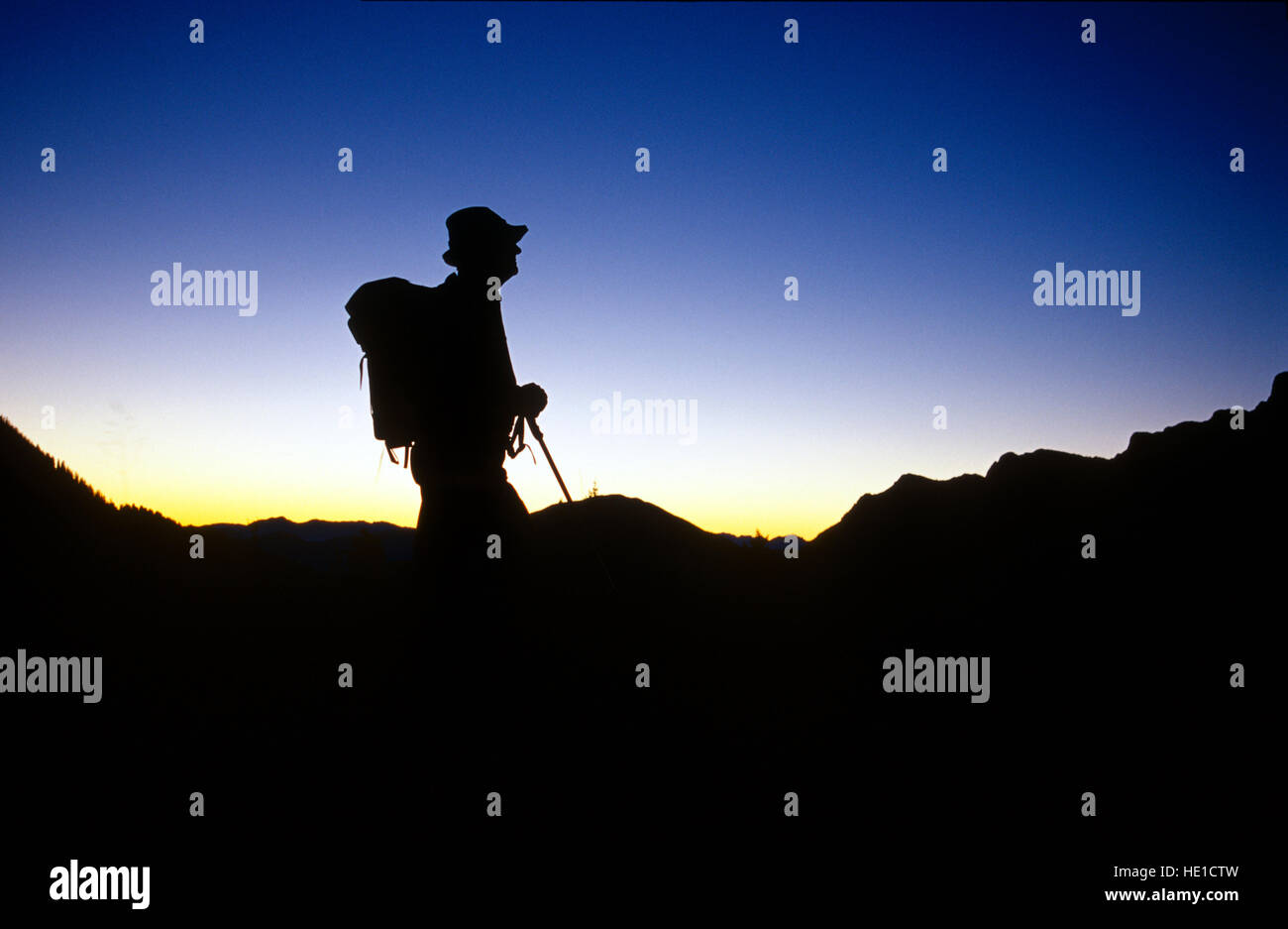 Hiker in the dawn, Kalk Alps National Park, Upper Austria, Austria, Europe Stock Photo