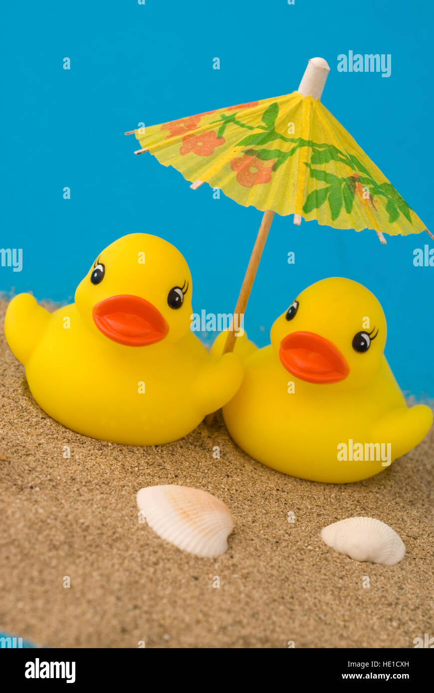 Symbolic picture, rubber duckies, beach holiday Stock Photo