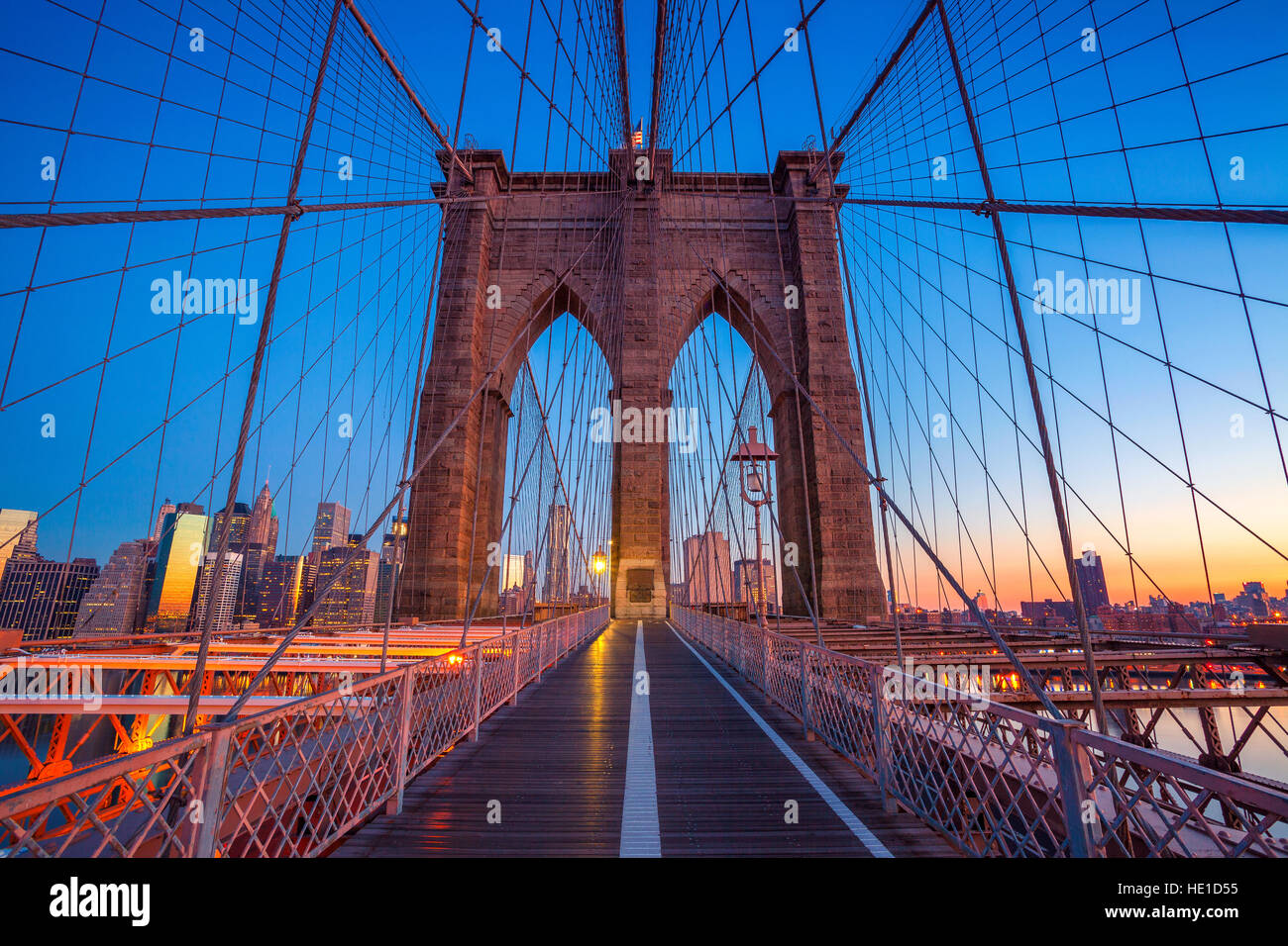 Brooklyn Bridge in New York City. Cityscape image of Brooklyn Bridge with Manhattan skyline in the background. Stock Photo