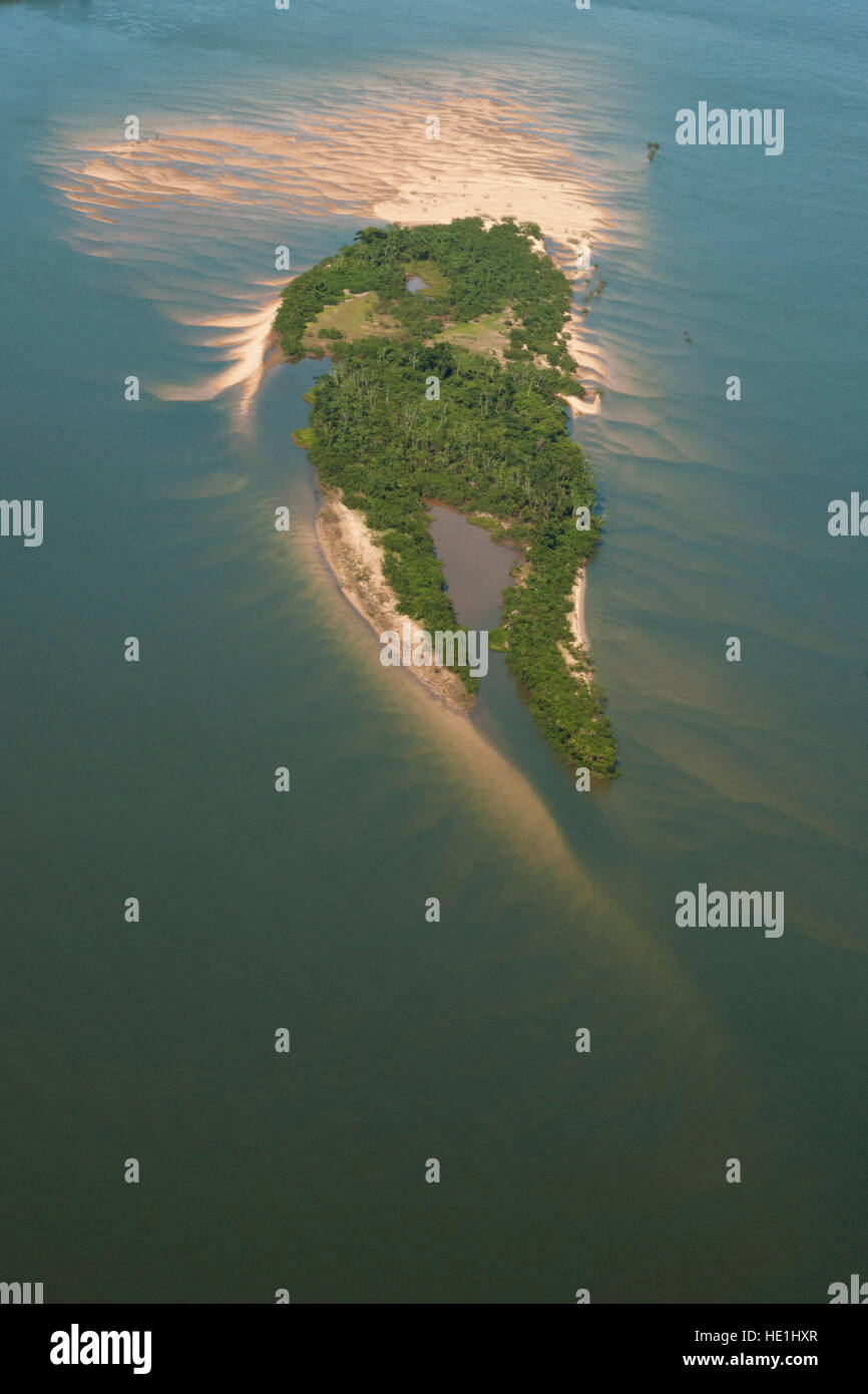Sand island formed during the dry season the the Brazilian Amazon Forest. Taken at the Juruena National Park, Stock Photo