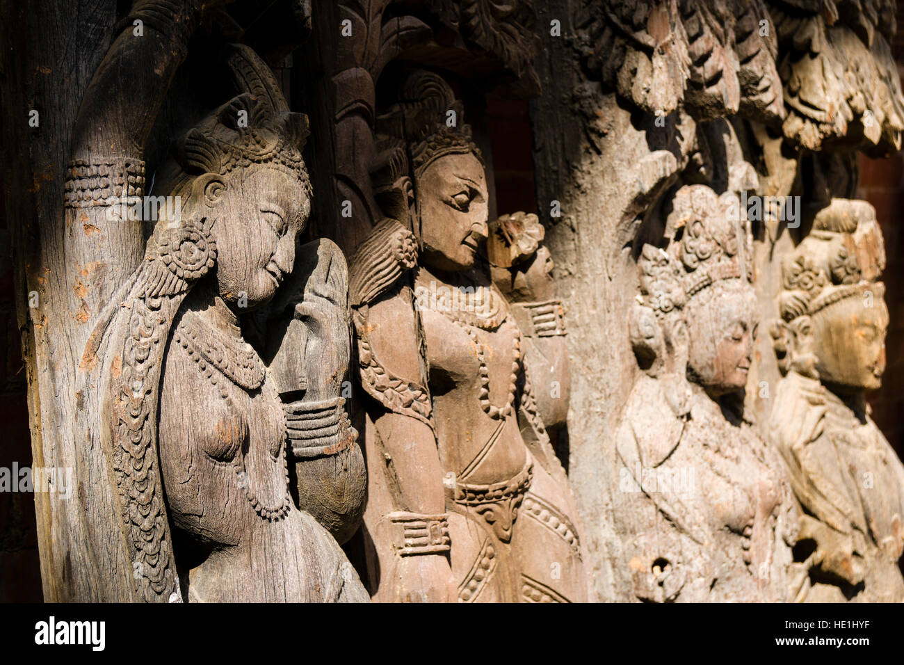 Artfully carved wooden figures at the Hanuman Dhoka Palace Stock Photo