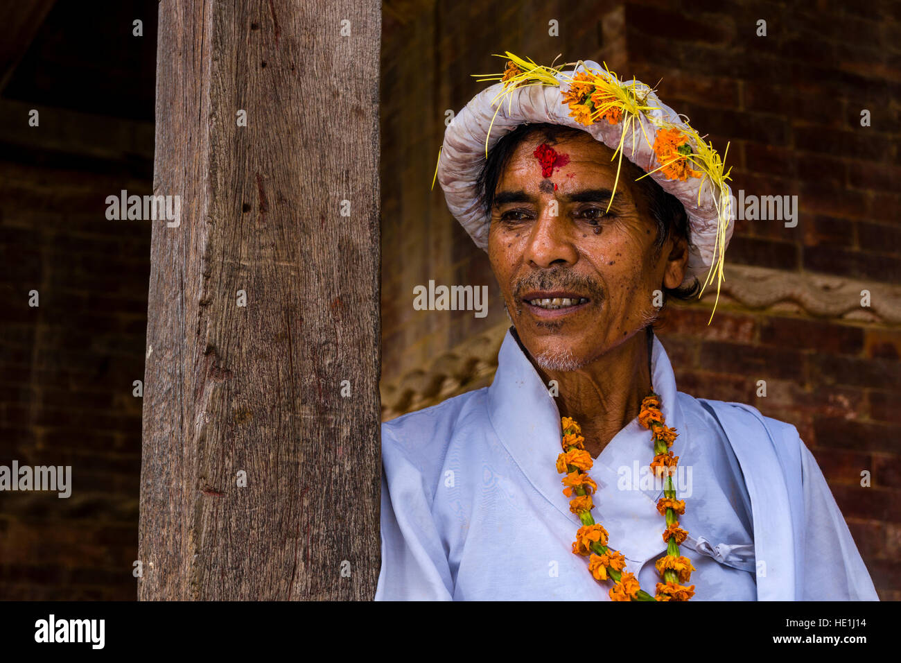 Portrait of a local man, wearing the traditional dress for the festival Darsain Stock Photo