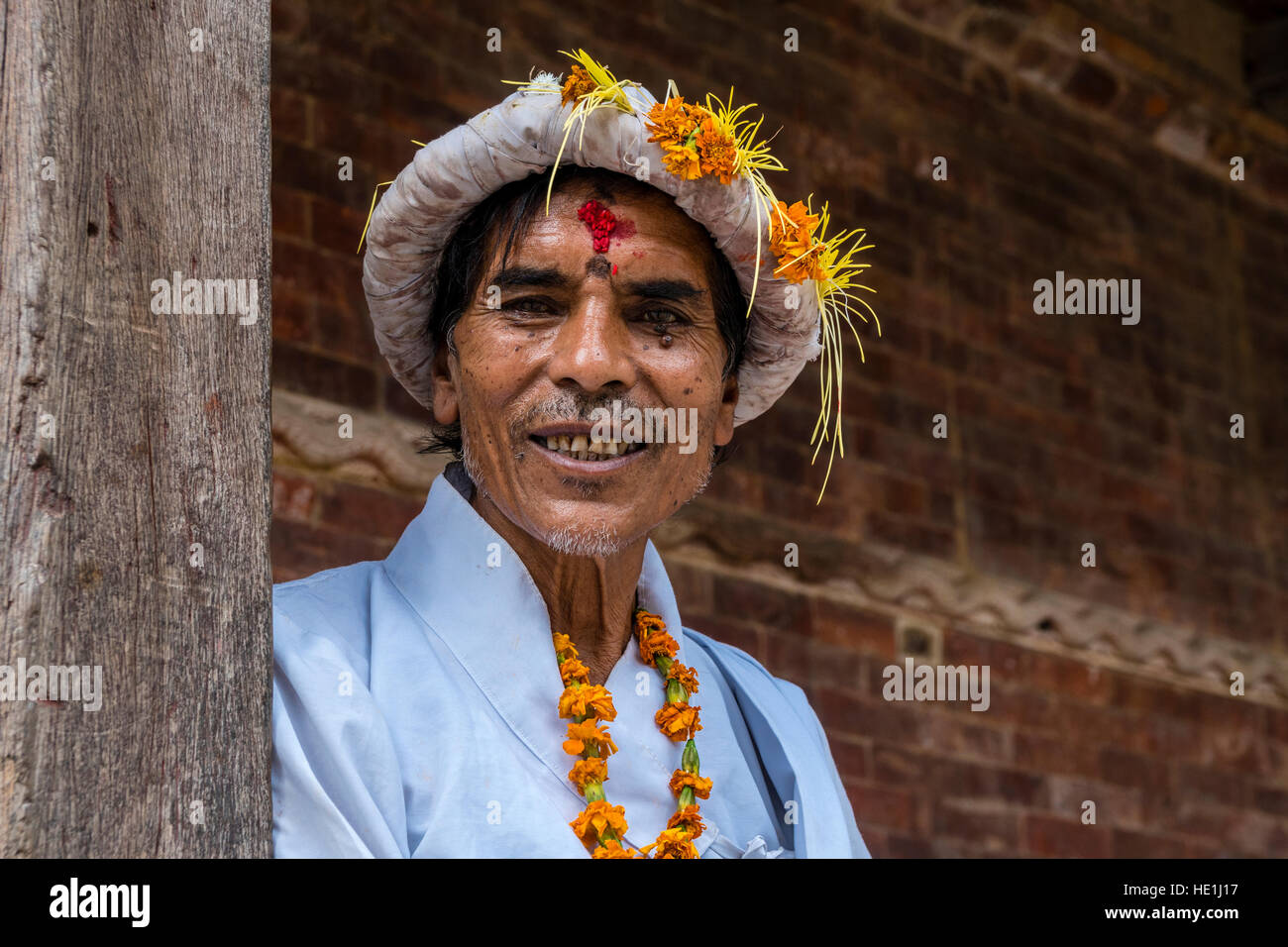 Portrait of a local man, wearing the traditional dress for the festival Darsain Stock Photo