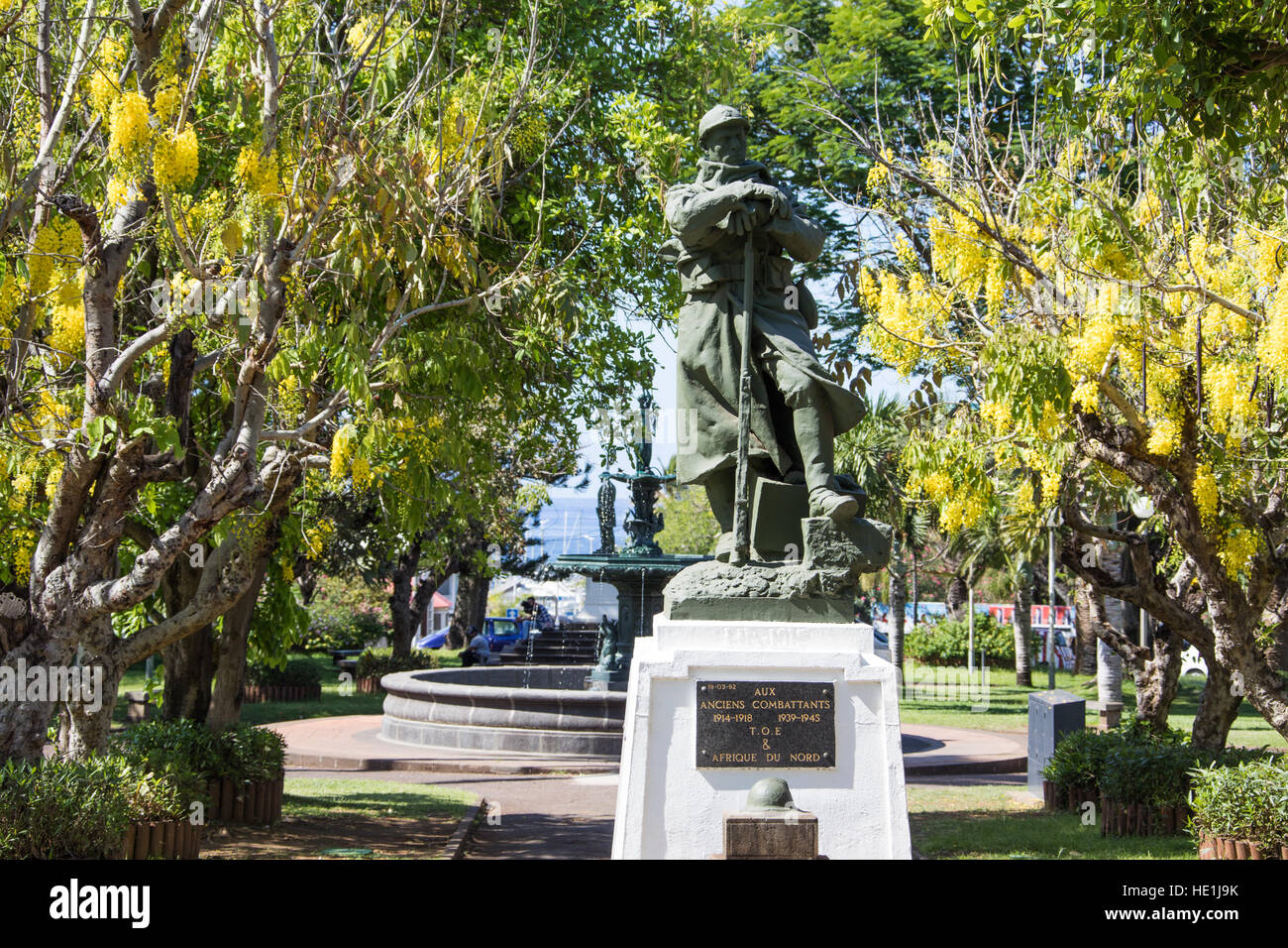 Memorial to WWI and WWII veterans, Park in front of City Hall, St Pierre, Reunion Island Stock Photo