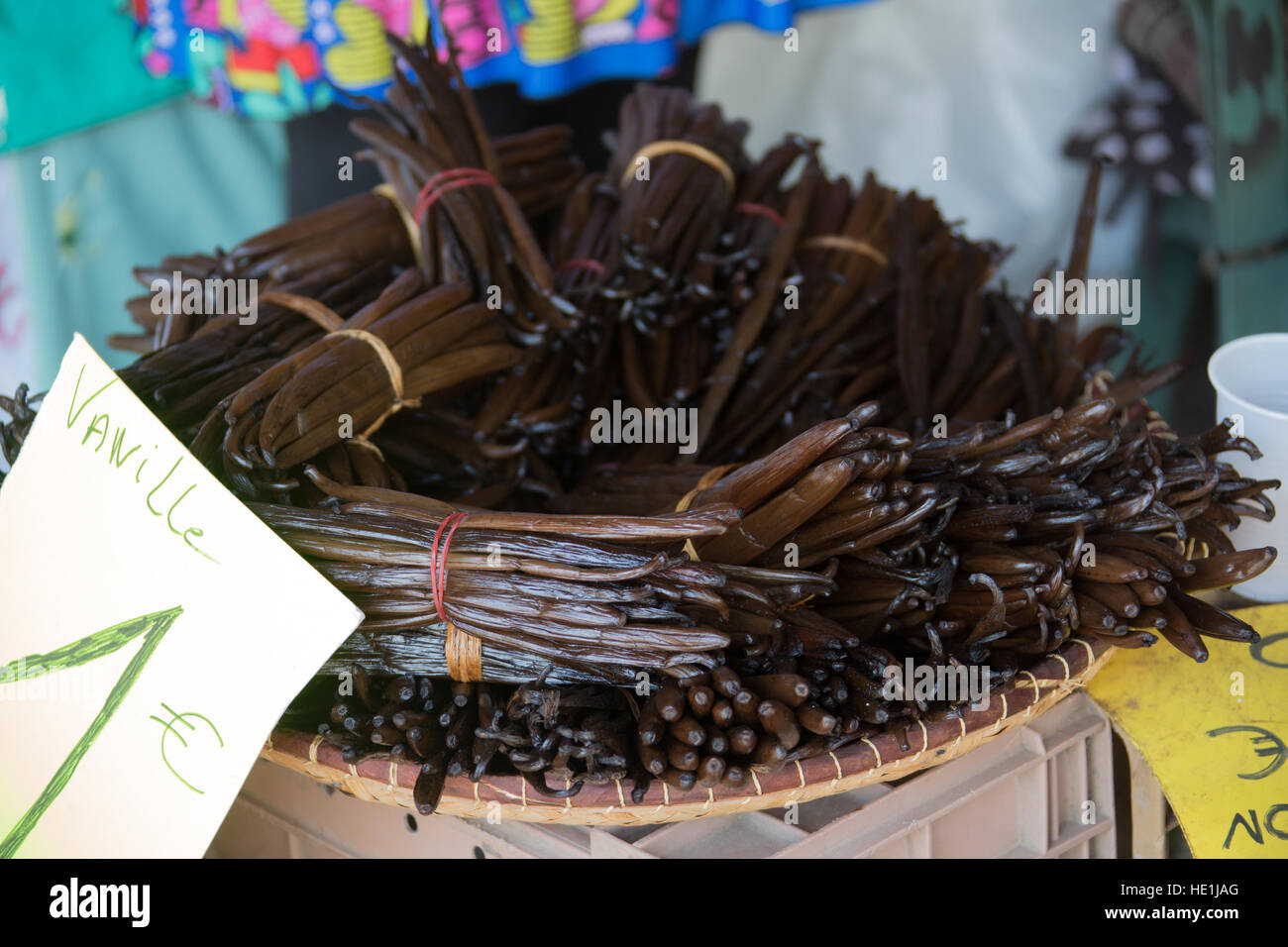 Vanilla beans at the covered market in St Pierre, Reunion Island Stock Photo