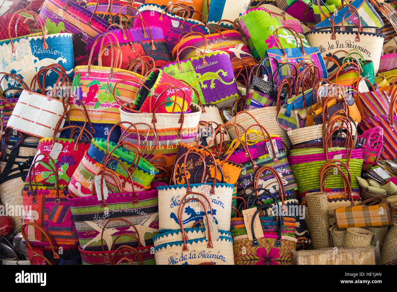 Local crafts at the covered market in St Pierre, Reunion Island Stock Photo