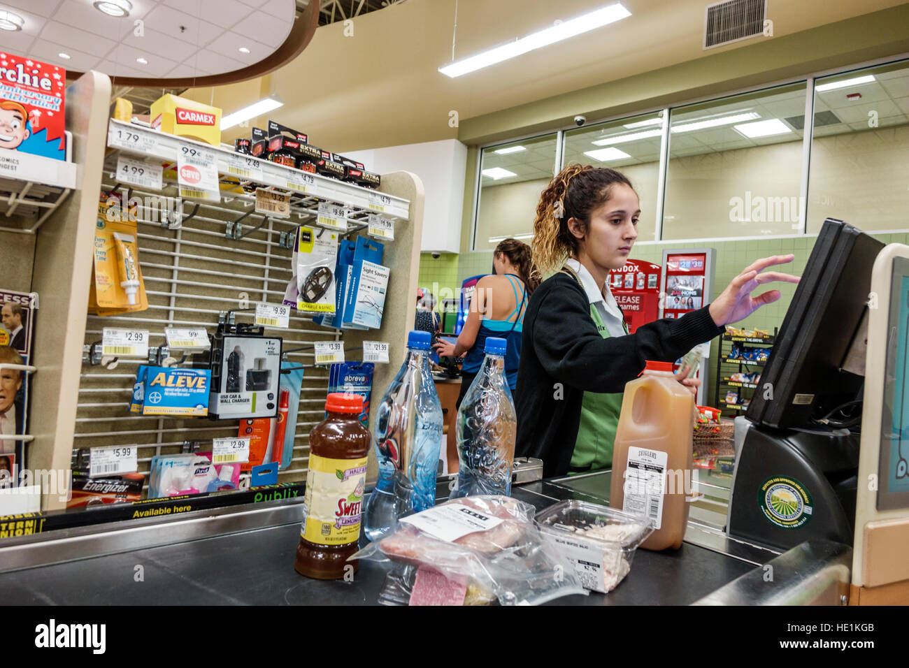 Ft. Fort Myers Florida,Publix,supermarket,grocery store,interior inside,food,cashier,adult adults,woman female women,working work worker workers,emplo Stock Photo