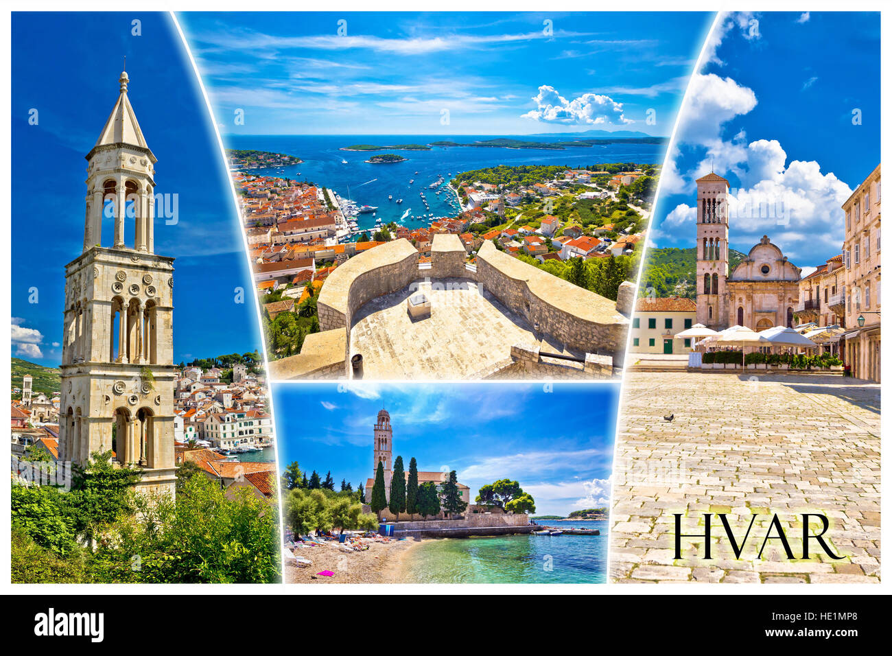 Island of Hvar tourist postcard with label, famous landmarks and beautiful nature, Dalmatia, Croatia Stock Photo