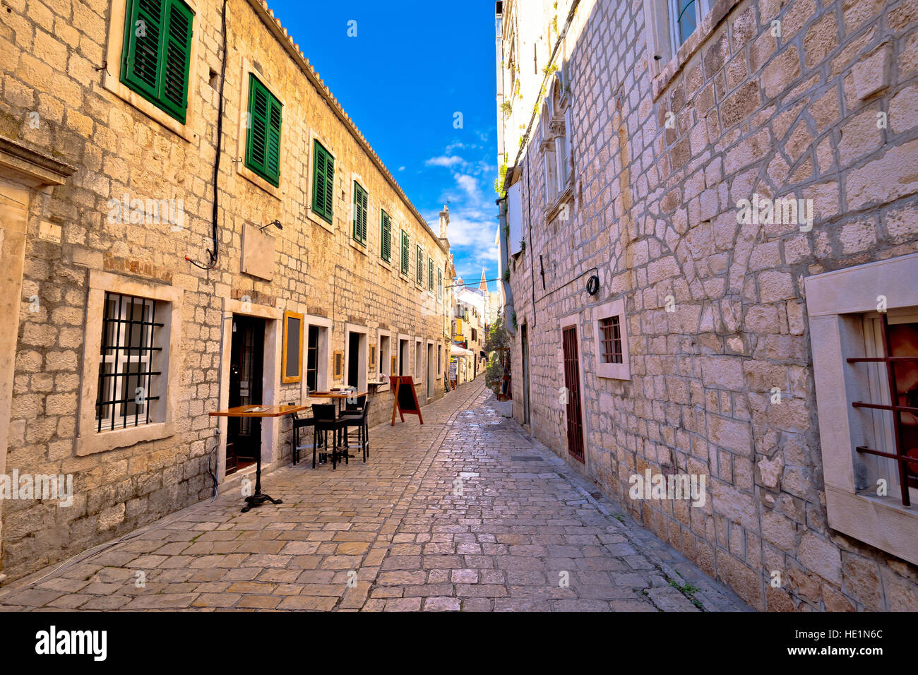 Old stone street of Trogir view, UNESCO town in Dalmatia, Croatia Stock Photo