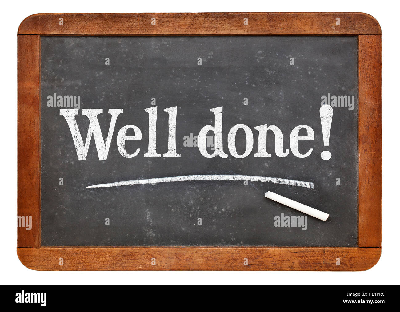 Well done sign - white chalk text on a vintage slate blackboard Stock Photo