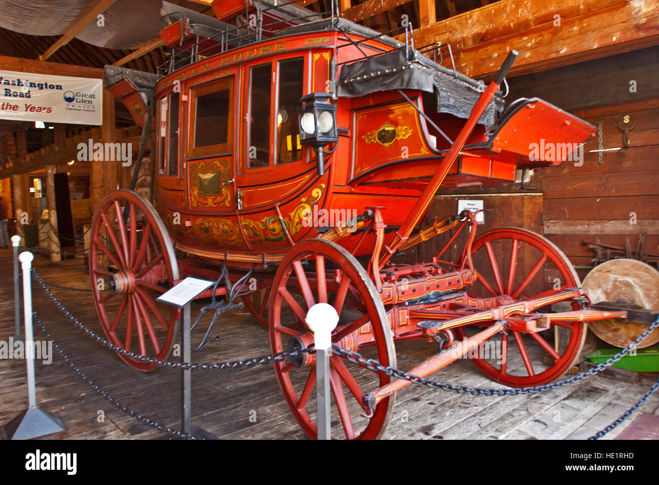 White Mountains, New Hampshire, the Great Glen Outdoor Center, a 19th C. Concord Coach, the Coach that Won the West. Stock Photo