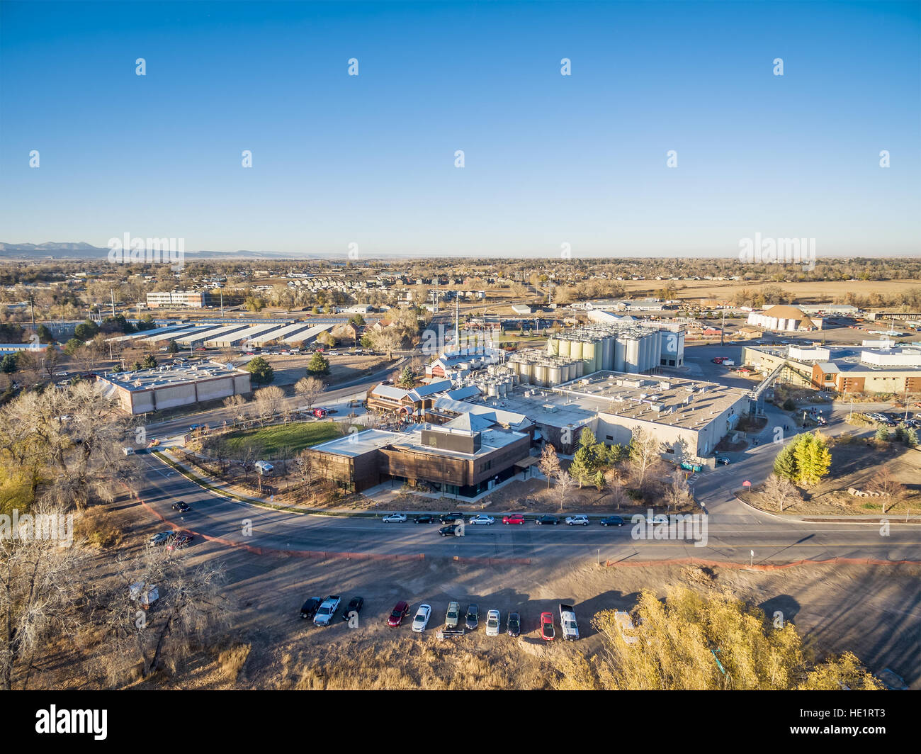 FORT COLLINS, CO, USA - NOVEMBER 12, 2016: Aerial veiw of New Belgium Brewing Company, craft brewery emphasizing  eco-friendly practices and employee  Stock Photo