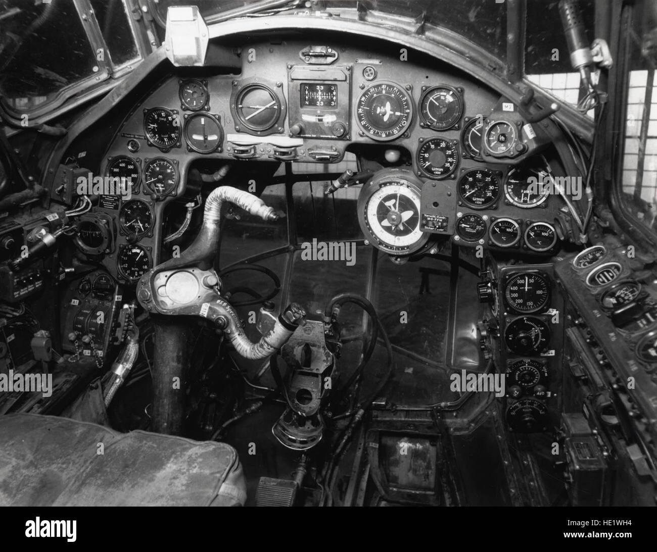 The cockpit of a Junkers Ju 88D, which served in the German Luftwaffe in numerous variants, from bomber to night-fighter, during WWII, after arrival at Wright Field in 1943  in Dayton, Ohio. A defecting Romanian pilot flew his Ju 88 to Cyprus and in the hands of the British in 1943. The Royal Air Force then turned the aircraft over to the U.S. Army Air Corps, who painted the U.S. Air Force star on the fuselage and wings to spare it from Allied attacks as it made its way across the globe to Wright Field. Photo courtesy of National Museum of the United States Air Force Stock Photo