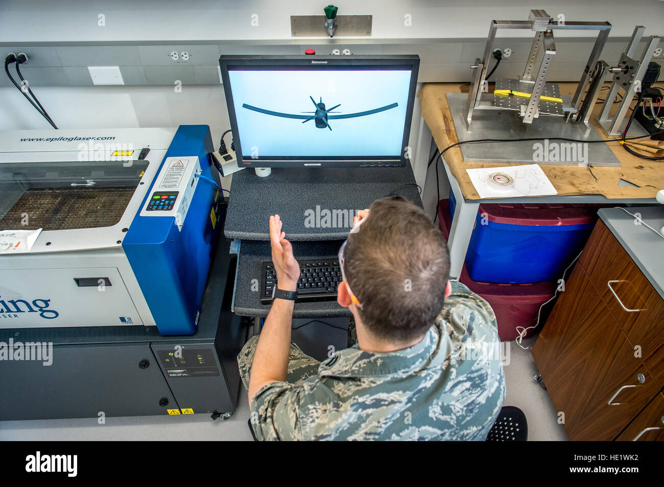 Capt. Kevin W. O'Brien is Operations Flight Commander of AFROTC Detachment 520 and a Ph.D. candidate in Engineering at Cornell University in Ithaca, NY, where he is doing research on using air pressure to morph the shape of aerodynamic wings, works on a computer animation showing the effect of his work in his lab, Apr. 15, 2016. O'Brien supervises the cadet wing at Cornell in the conduct of Leadership Laboratory LLAB activities, teaches Aerospace Studies and Leadership courses and manages programs to identify, attract, and retain cadets for the AFROTC program.   J.M. Eddins Jr. Stock Photo