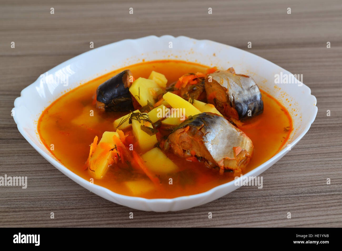 Soup of canned mackerel in tomato sauce Stock Photo Alamy
