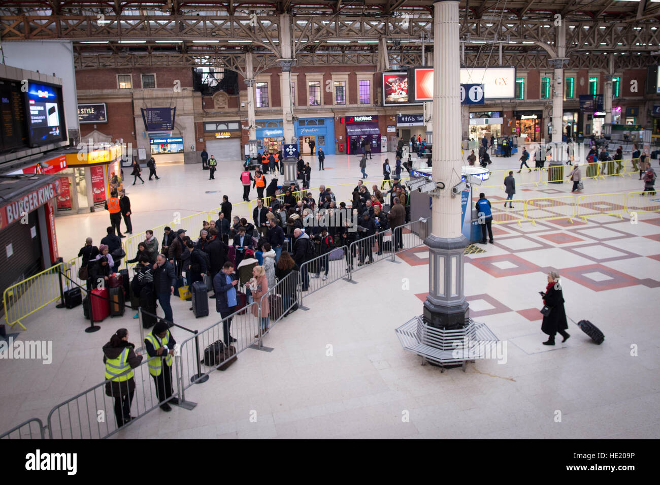 Passengers queue for trains to Gatwick Airport at London's Victoria Station on the third day this week when drivers working for Southern Railway have gone on strike, with the company expected to cancel all of its 2,242 weekday services. Stock Photo
