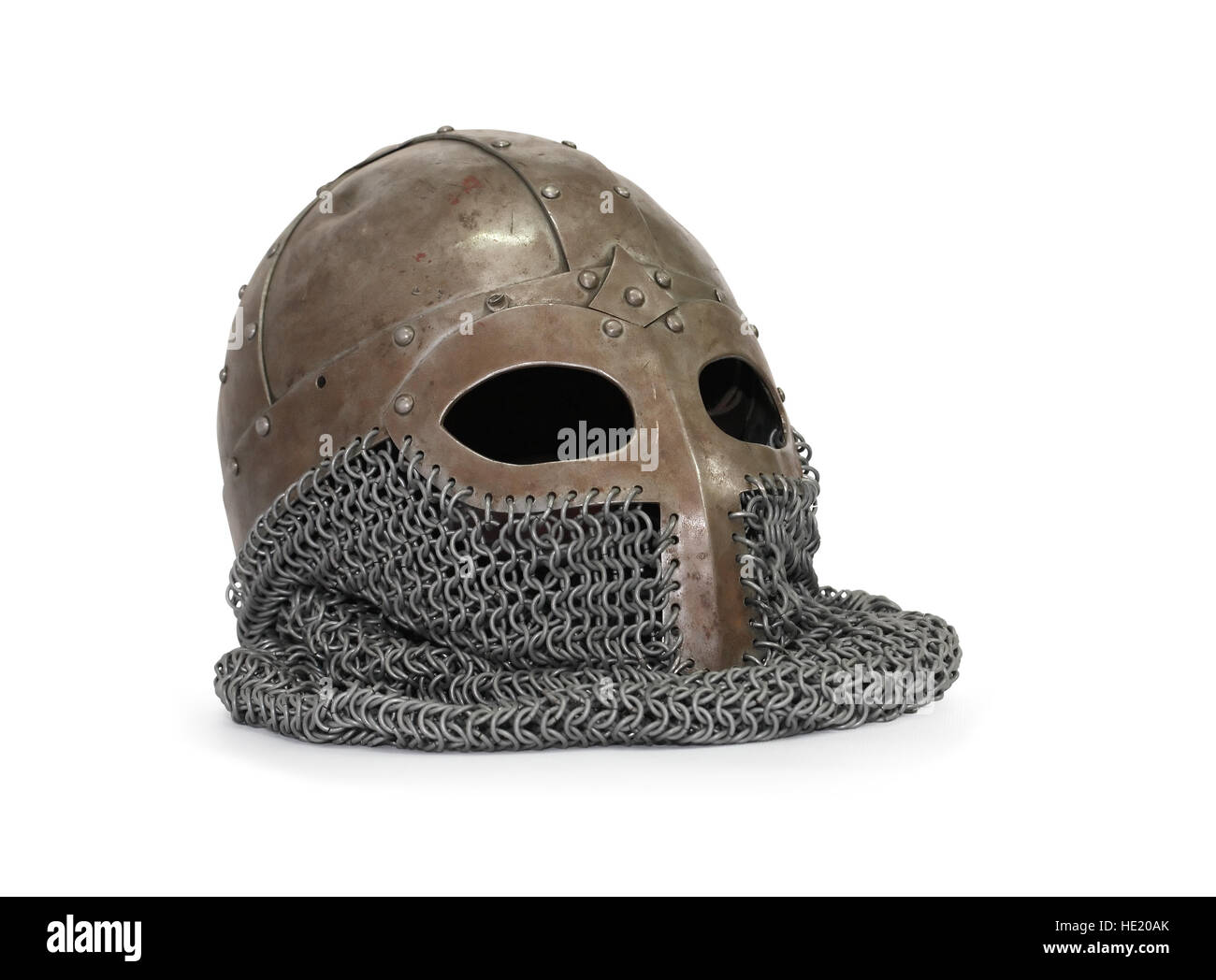 Medieval helmet with chain armour on white background. Clipping path is included Stock Photo