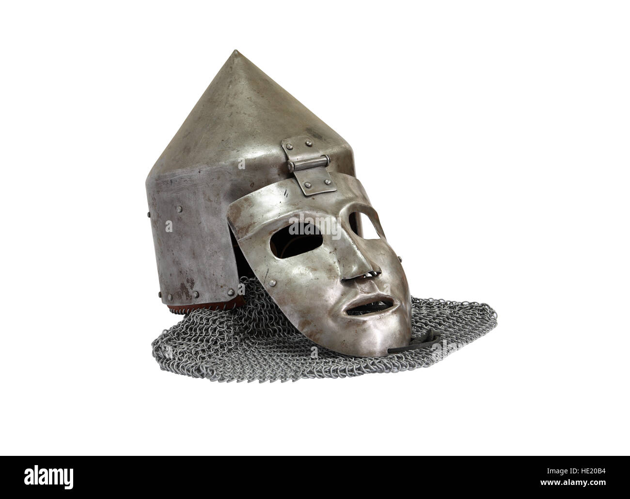 Ancient military iron knight helmet with chain mail on white background. Isolated with clipping path Stock Photo