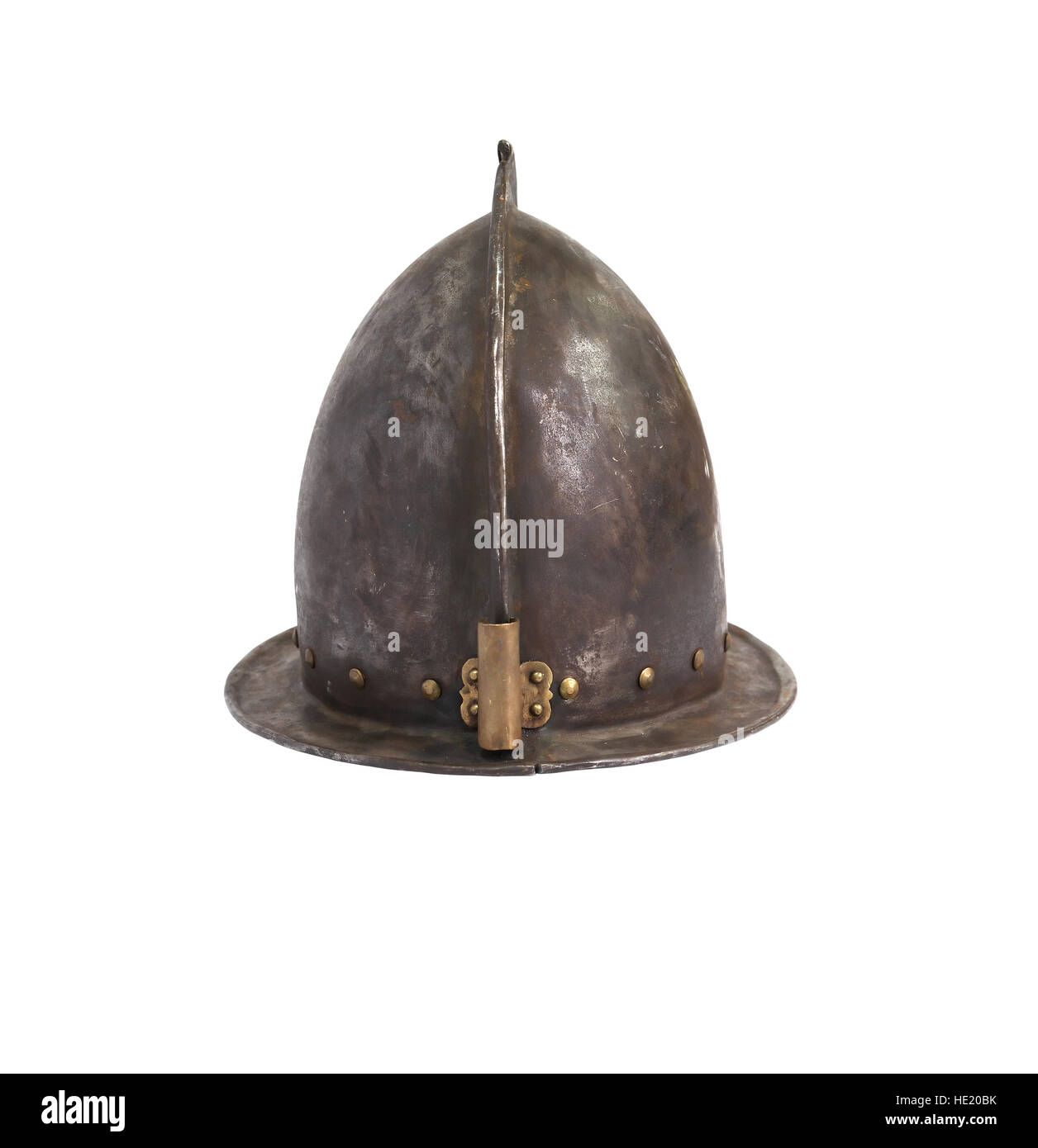 Ancient Spanish military iron knight helmet on white background