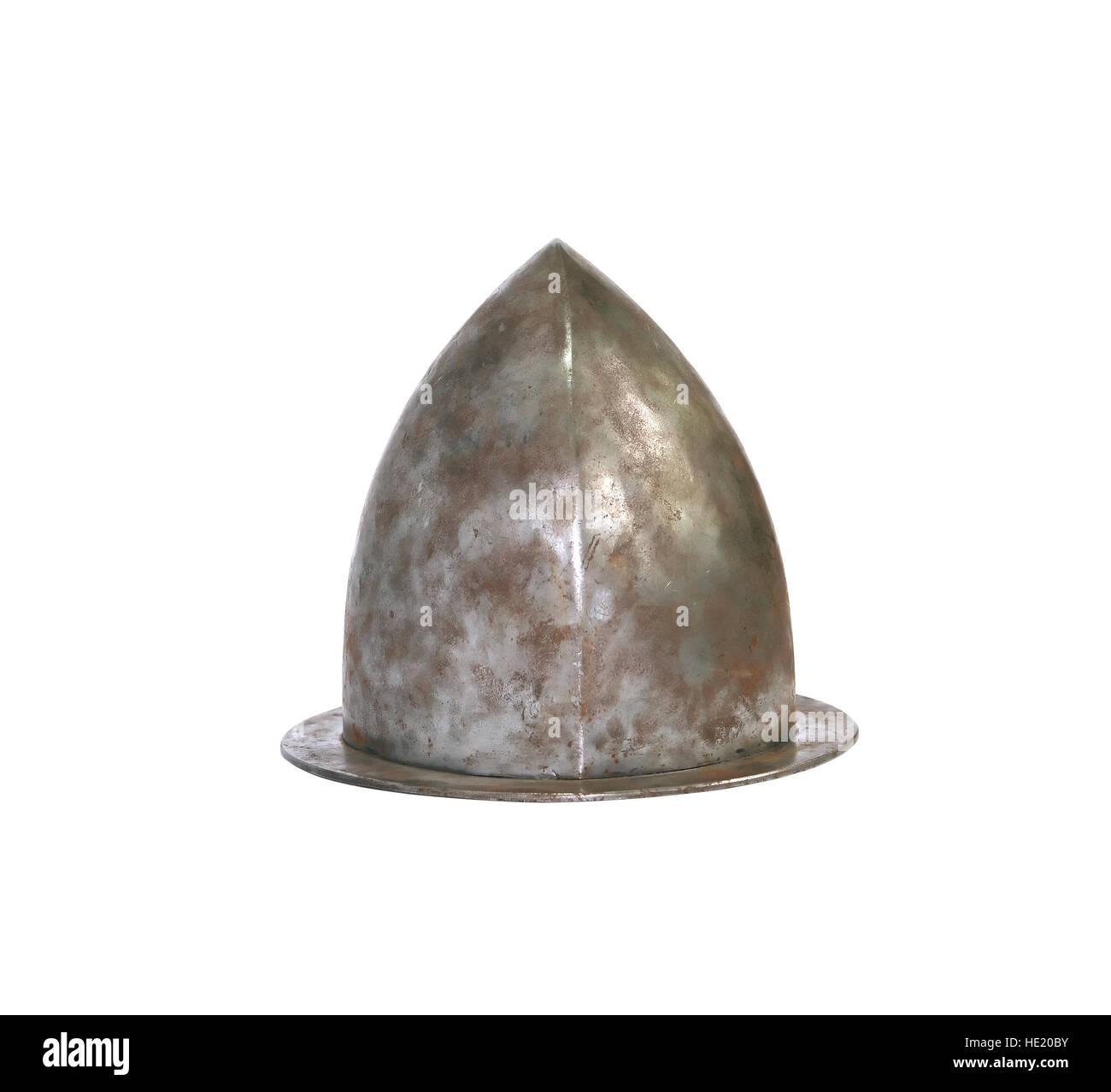 Ancient military iron knight hat on white background. Isolated with